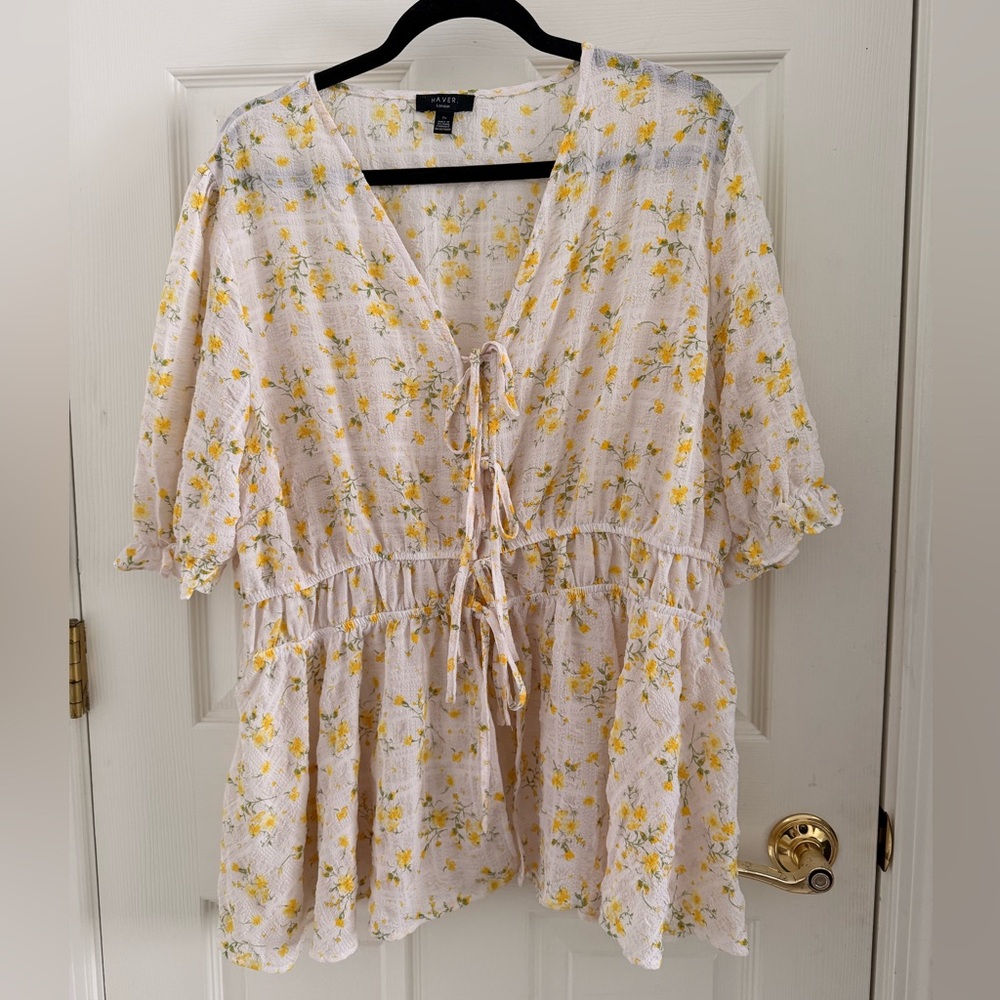Haver London Front Tie Yellow Floral Blouse